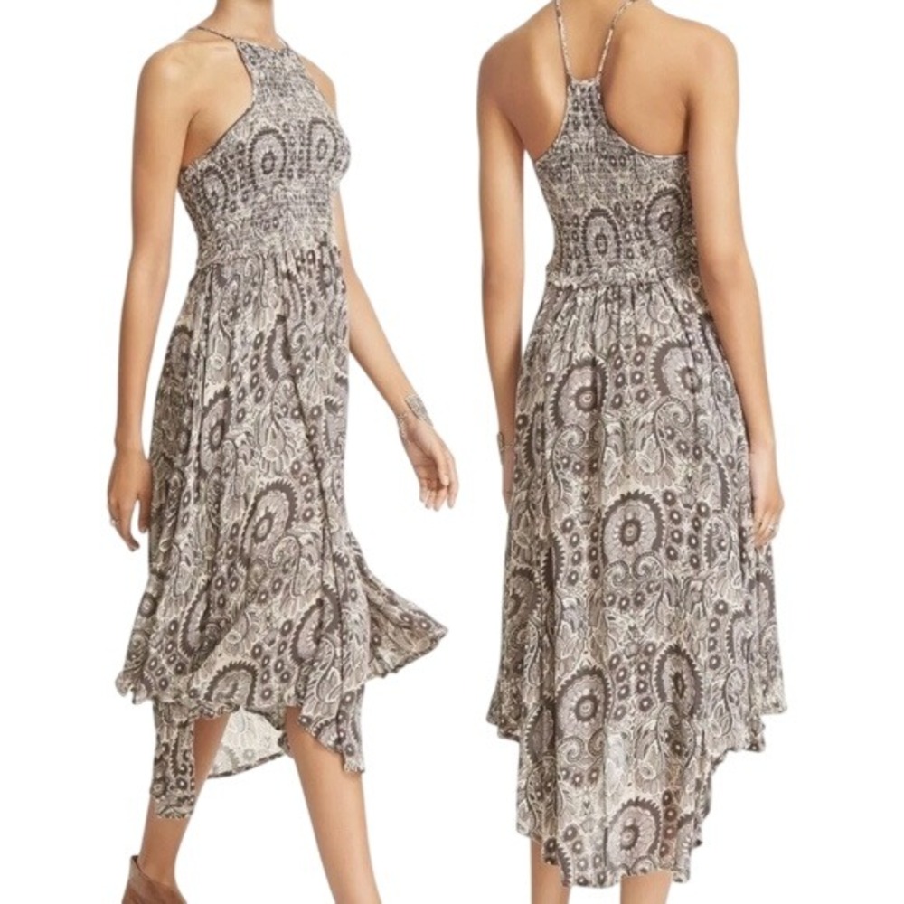 Free People Paisley Smocked Halter HighLow Handkerchief Midi Dress XS Mauve Gray